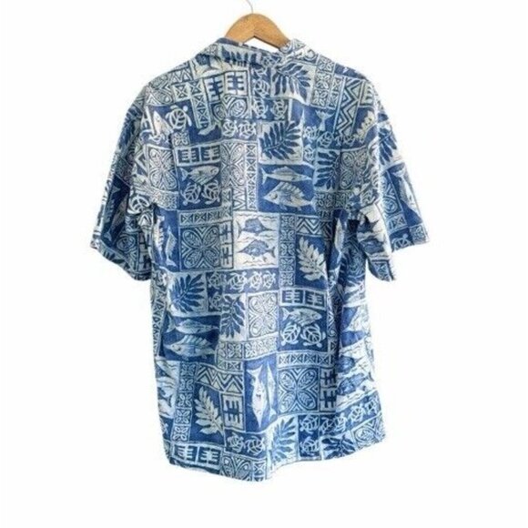 Hilo Hattie Mens Sz Large Blue White Tropcial Reverse Print Button Up Shirt Fish - Picture 3 of 9